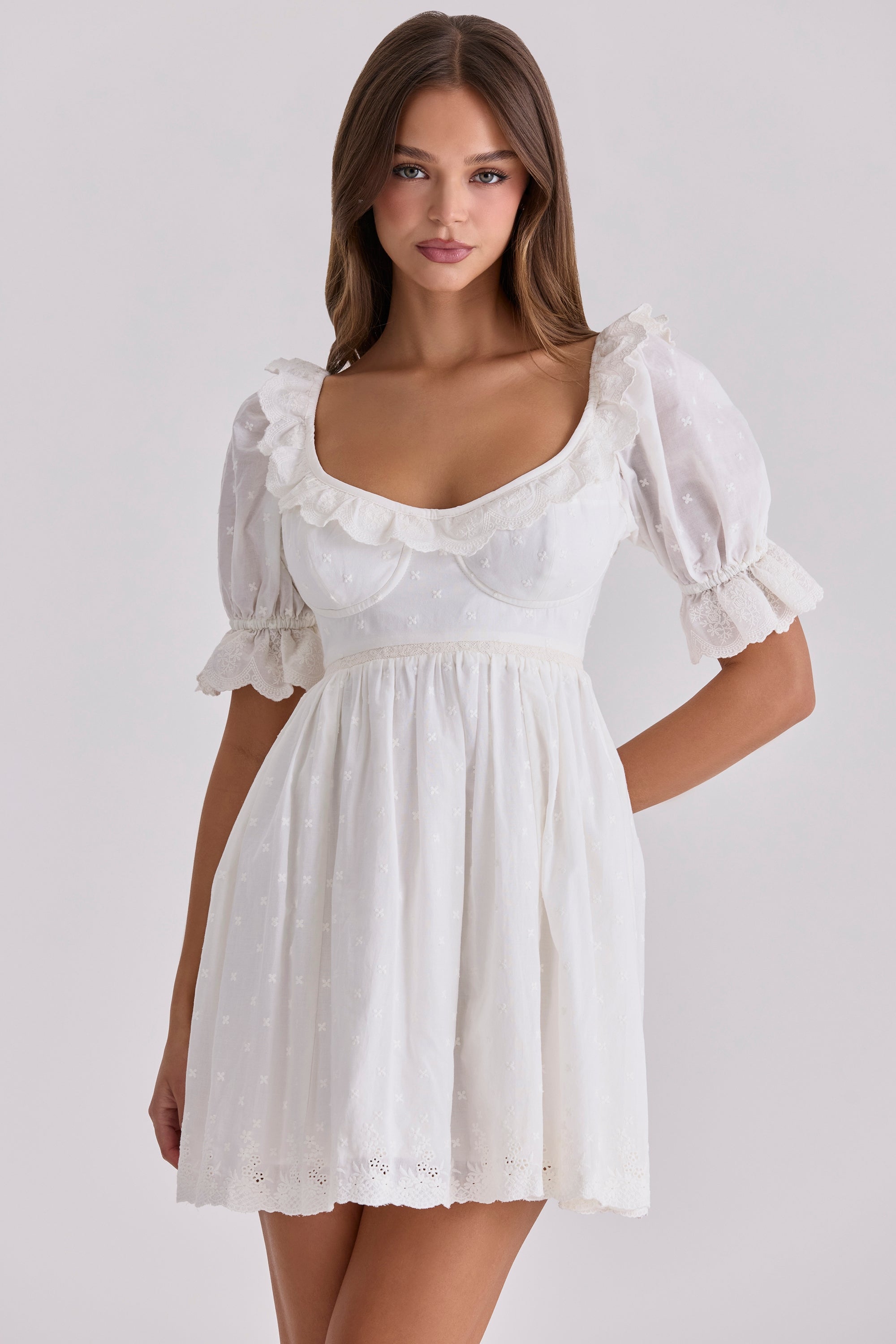 white custom lace + cotton broderie anglaise mini dress