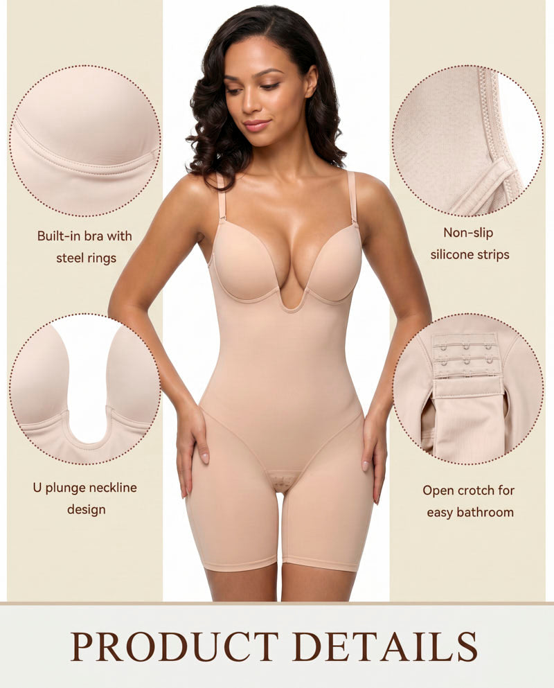 Women's U Plunge Strapless Tummy Control Bodysuit Low Back Built In Bra Shapewear
