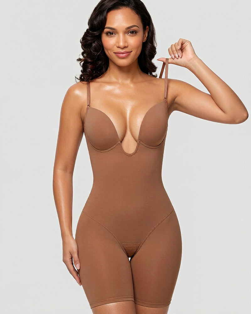 Women's U Plunge Strapless Tummy Control Bodysuit Low Back Built In Bra Shapewear