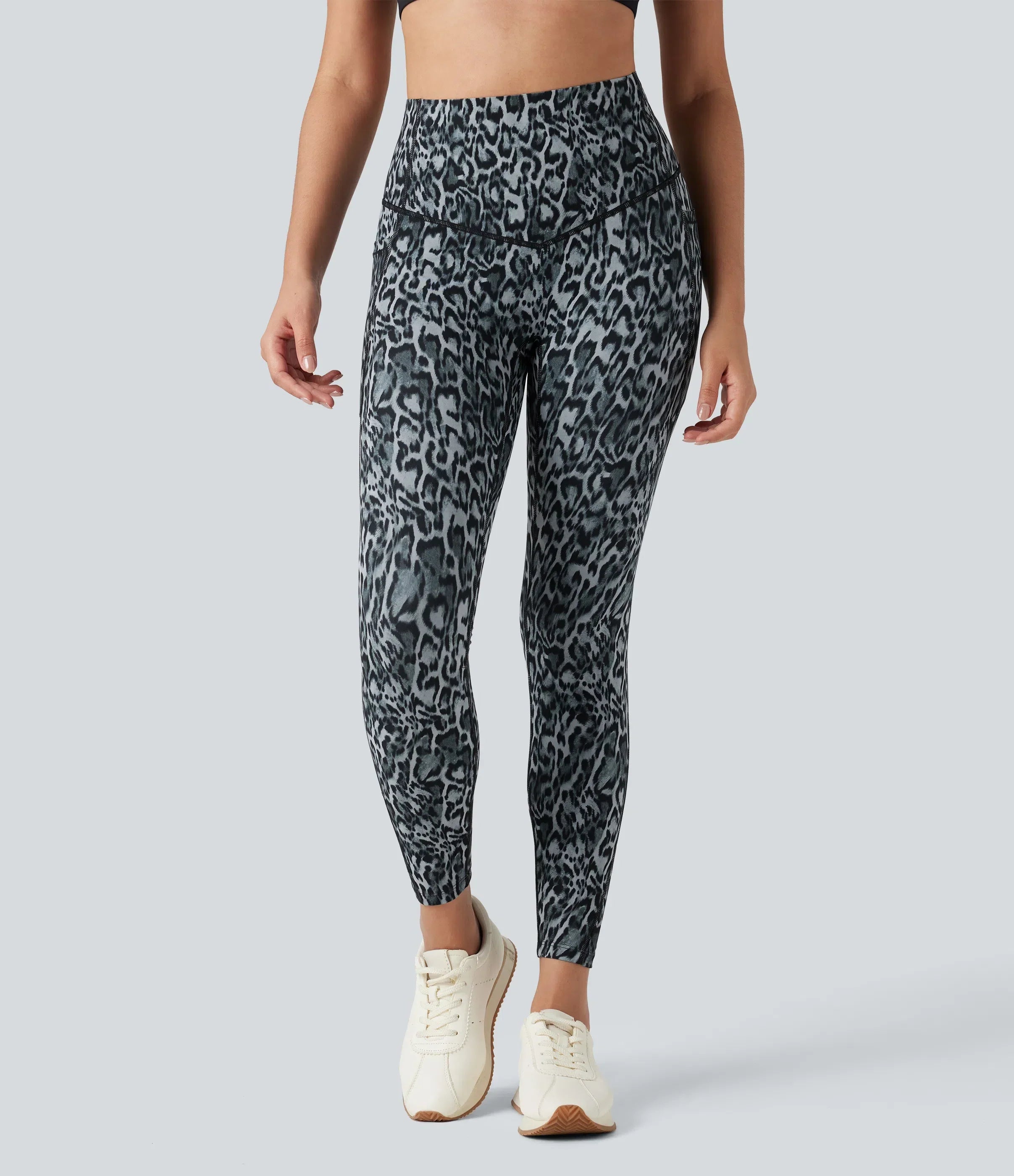 Leopard High Waisted Tummy Control Workout Leggings with Side Pockets