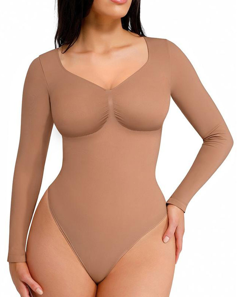Womens Seamless Sculpt Long Sleeve Thong Bodysuit for Tummy Control