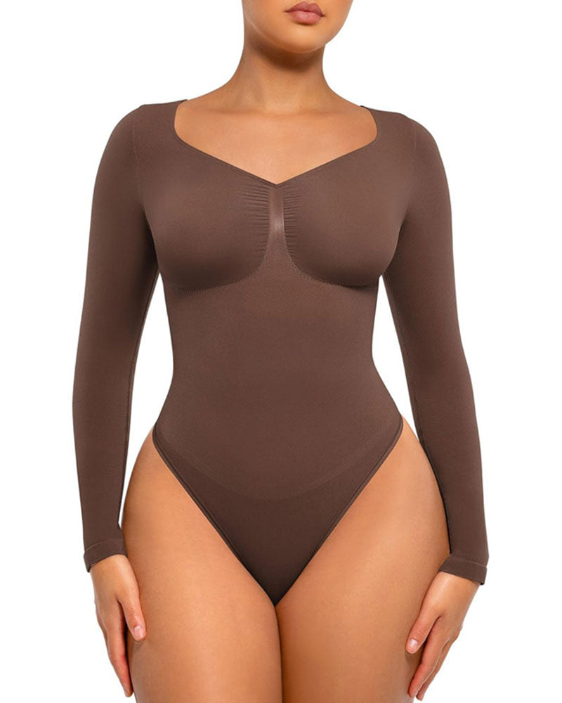 Womens Seamless Sculpt Long Sleeve Thong Bodysuit for Tummy Control