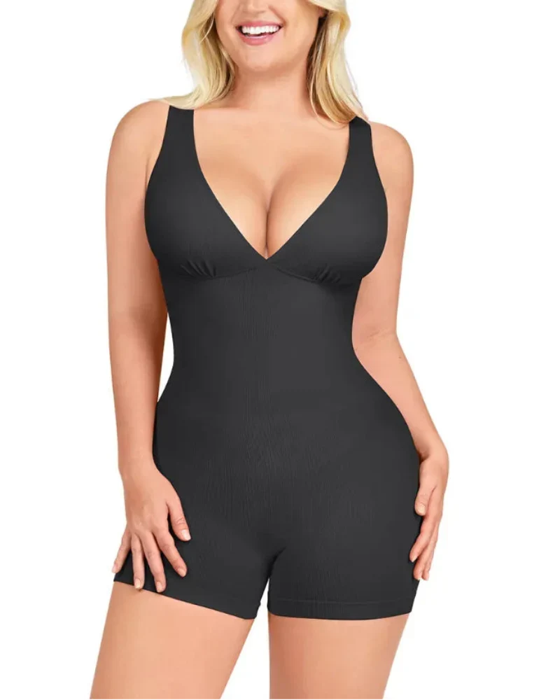 Deep V Bodycon Romper – Sculpt & Tummy Control