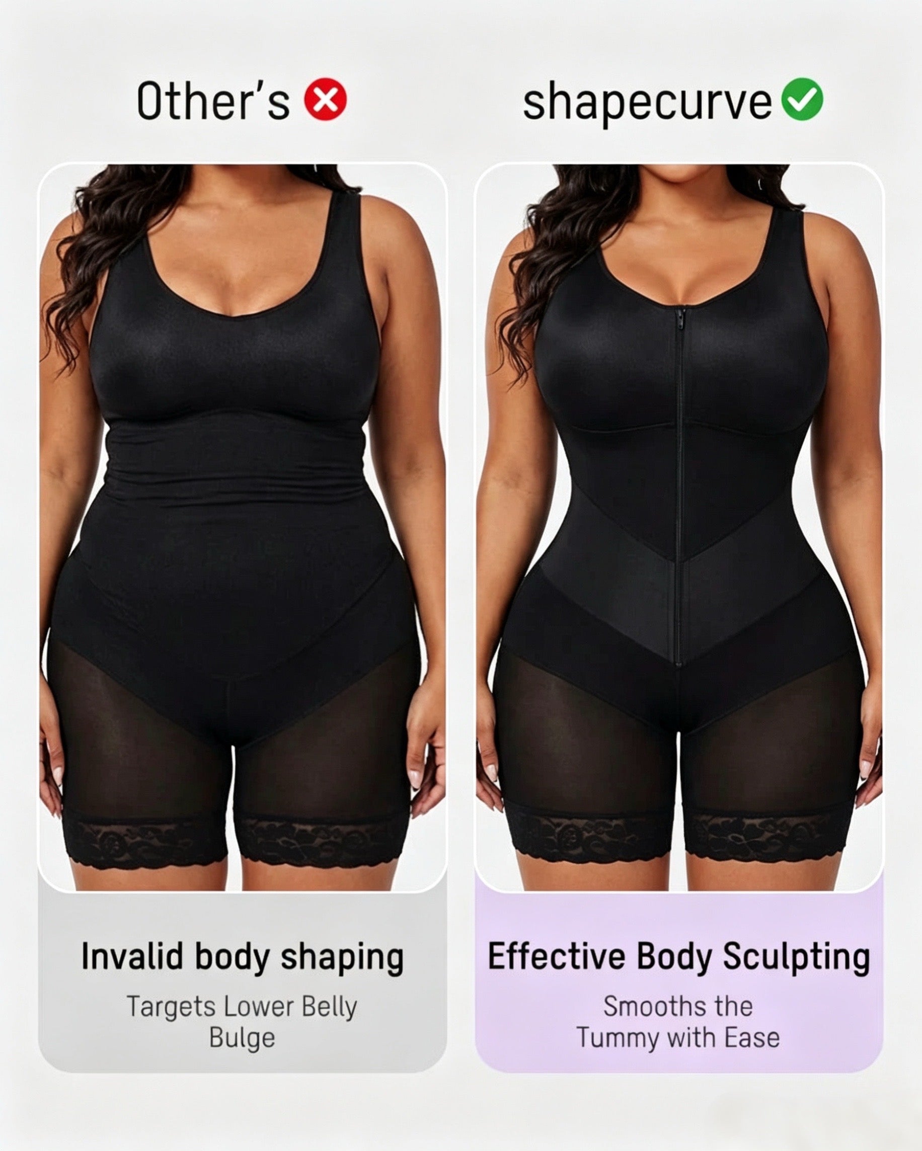 Front-zip body shaper with tummy control and smoothing fit.