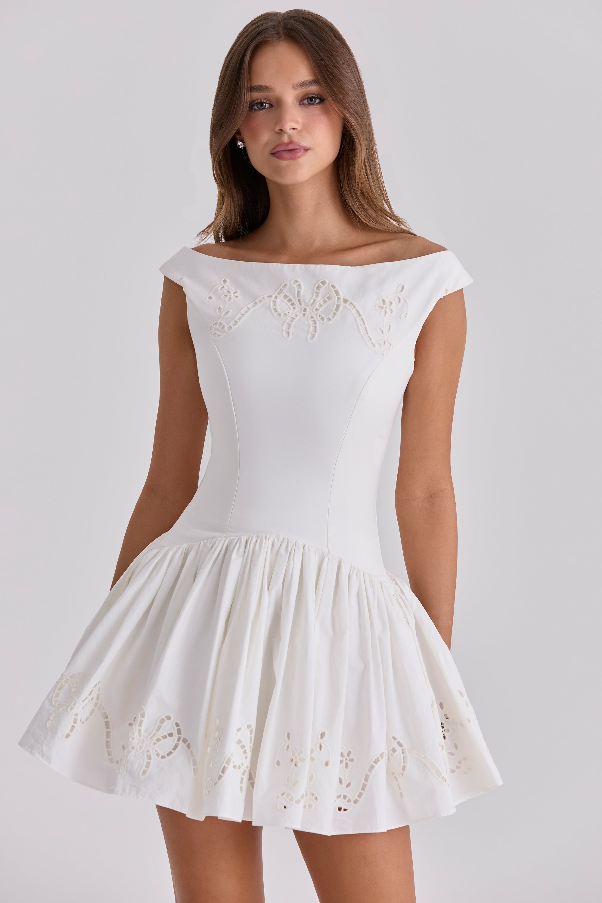 white custom lace + cotton broderie anglaise mini dress