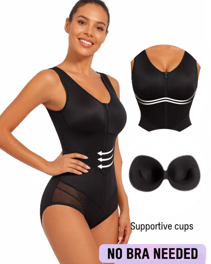 Front-zip body shaper with tummy control and smoothing fit.